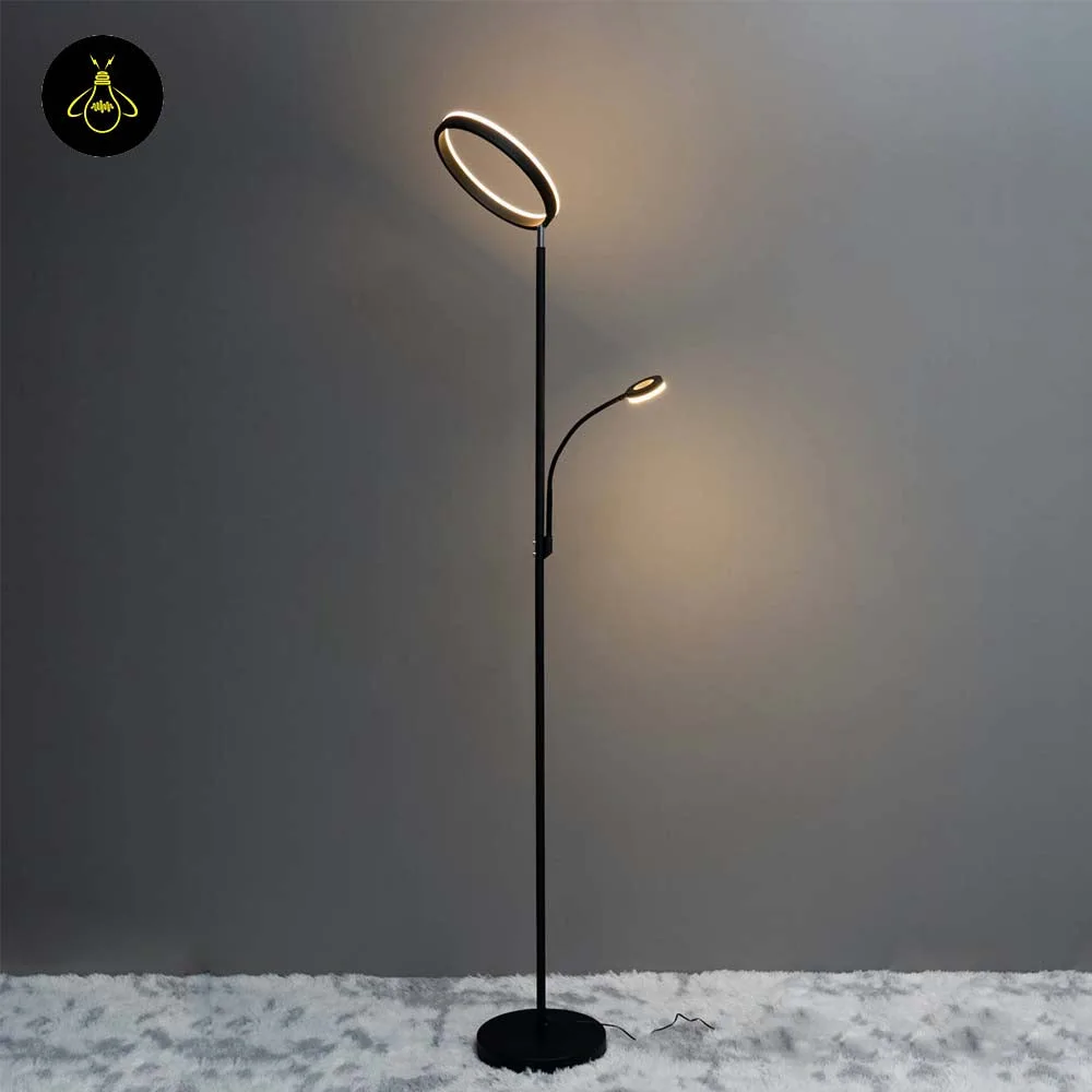 Black LED Floor Lamp with Reading Light – 2-in-1 Ring Uplight 2 Pancho black LED floor lamp with reading light in a restaurant lounge interior