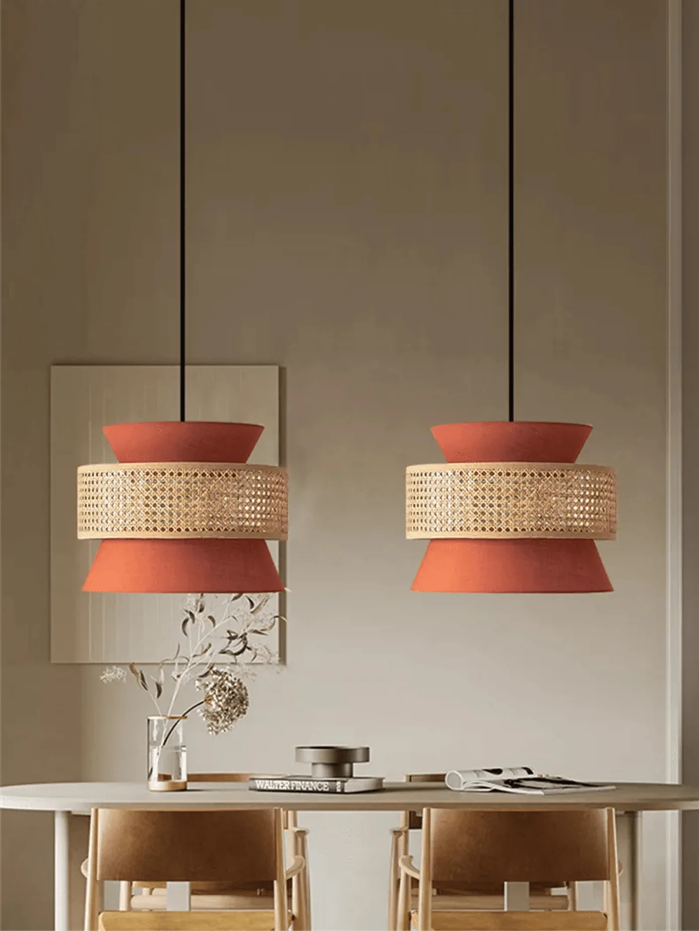 Cane Pendant Light – Woven Cotton & Cane Shade, Black-Finish 16-Inch | Jagmag Lights 5 Two cane pendant lights hung together