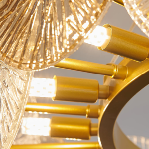 E14 LED bulb holders inside the gold fluted glass chandelier
