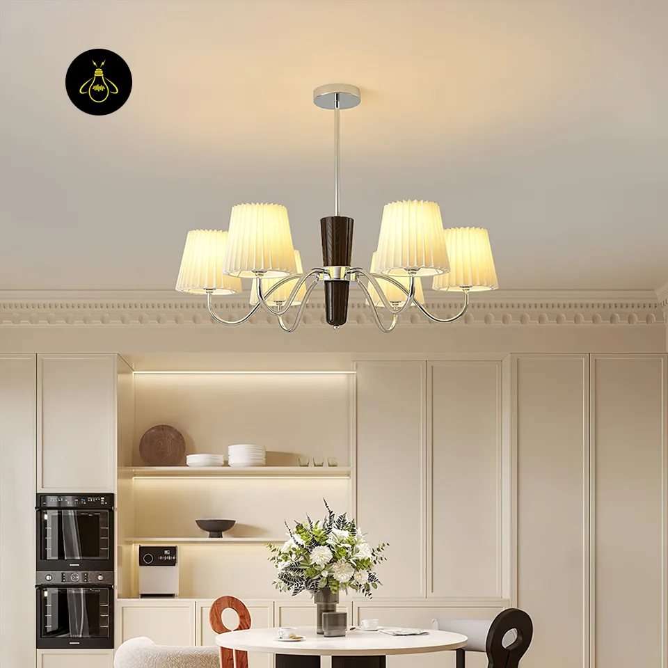 Fabric Chandelier – Designer Shadalia 8-Light Walnut & Chrome, 87 cm 3 Fabric chandelier E27 bulb holder detail beneath a white pleated shade