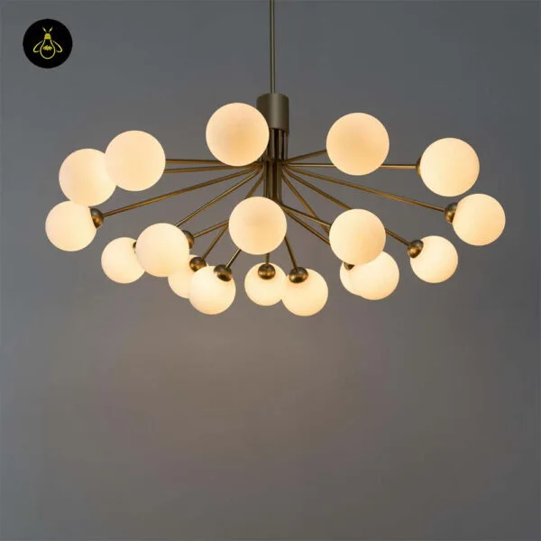 Gold-lustre borosilicate glass ball chandelier with 18 white opal globes for living and dining rooms