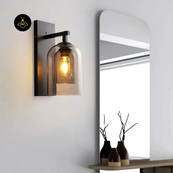 Fancy lights for wall beside a hallway mirror: smoked borosilicate glass sconce on matte black 304 stainless steel, glowing warm