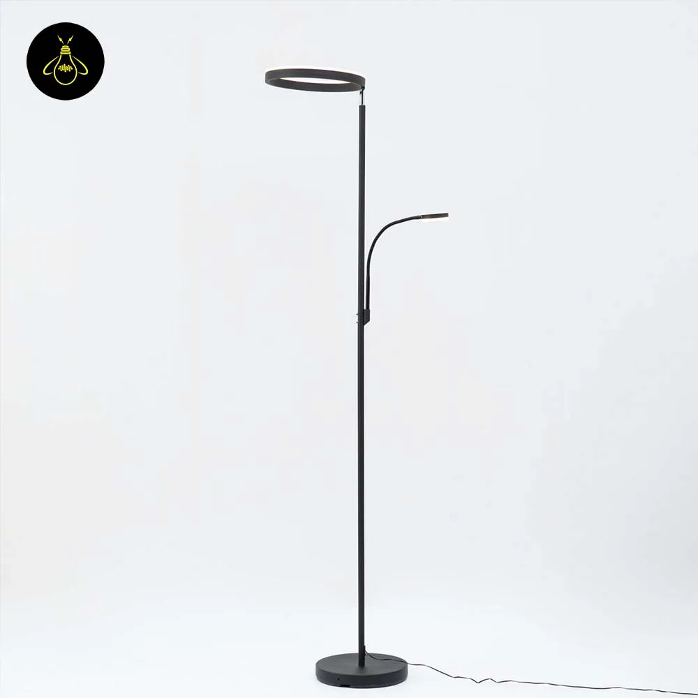 Black LED Floor Lamp with Reading Light – 2-in-1 Ring Uplight 9 Energy-efficient black LED floor lamp with reading light in a hotel room