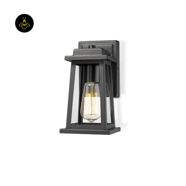Angled view of the black stainless steel outdoor wall lantern with clear borosilicate glass, stepped roof and square base