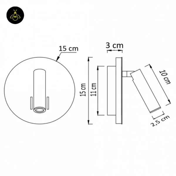 Dimension drawing of the wall lamp for bedroom: 15 cm disc, 3 cm deep, 11 cm rear mount, 10 x 2.5 cm reading spot