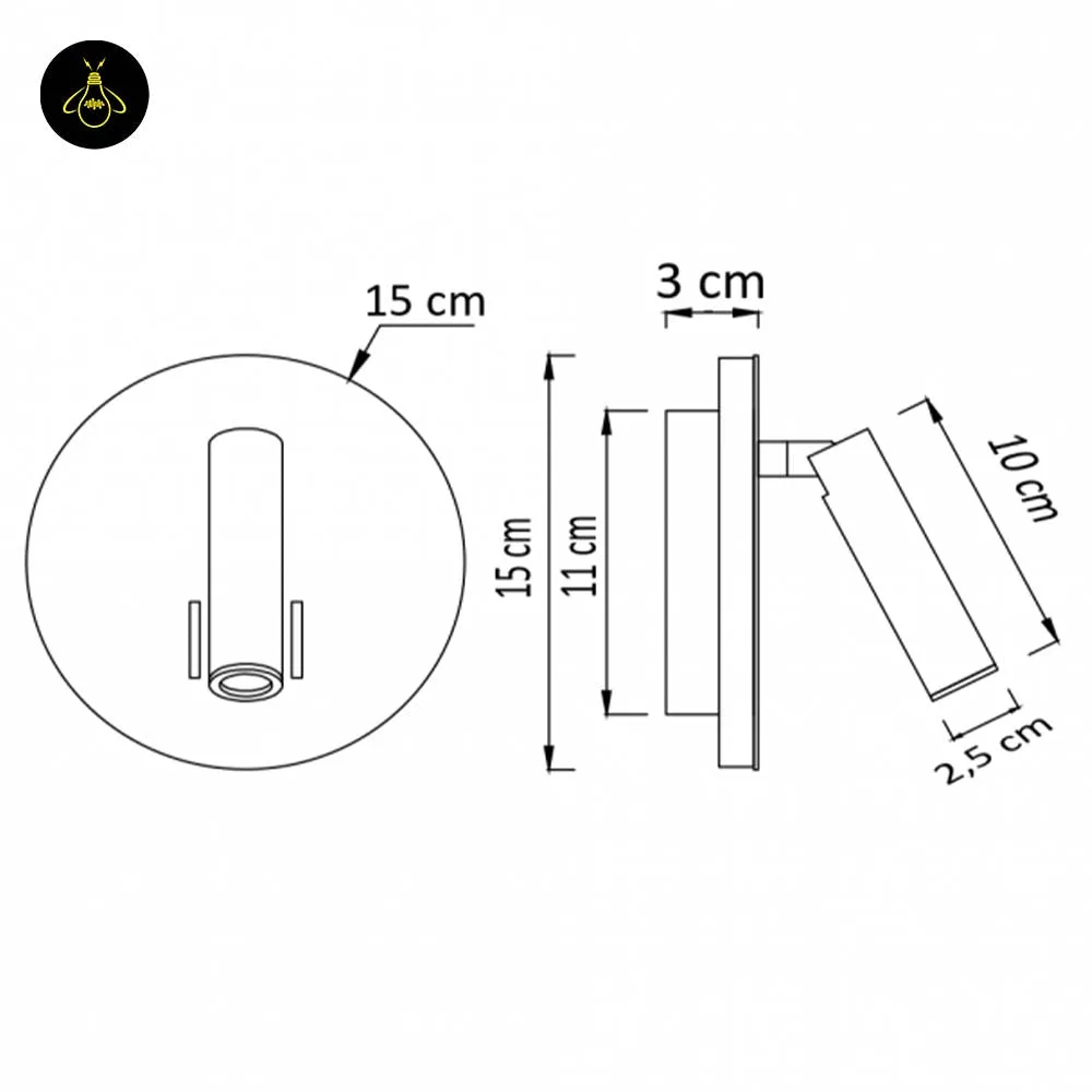 Wall Mounted Reading Light – LED Double Light, Chrome Finish 11 Dimension drawing of the wall lamp for bedroom: 15 cm disc, 3 cm deep, 11 cm rear mount, 10 x 2.5 cm reading spot