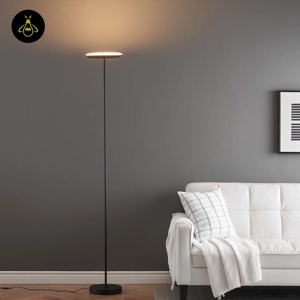 Black LED Floor Lamp – Kalena 182 cm Adjustable Head, 30W Warm White 9 Black LED floor lamp with adjustable head used beside a bed for ambient light