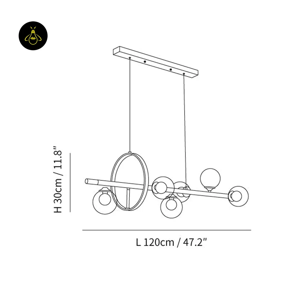 Dining Table Chandelier – 6-Globe Linear Glass & Brass Light with LED Ring, 120 cm 6 Dining table chandelier dimensions diagram, 120 cm length by 30 cm height linear glass globe fixture
