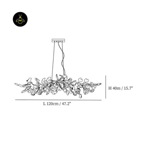 Ceramic petal chandelier dimensions diagram showing 120 cm length and 40 cm height