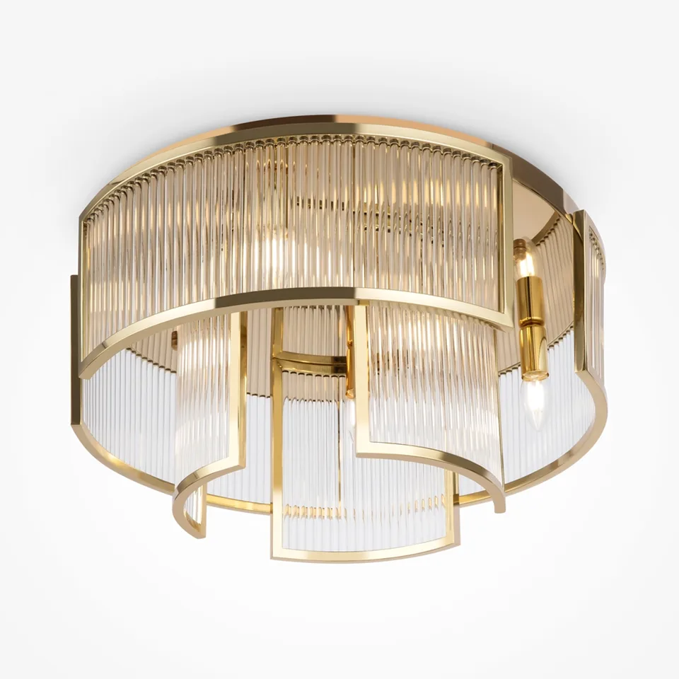 Fluted glass chandelier in gold with two tiers of ribbed clear-glass rods