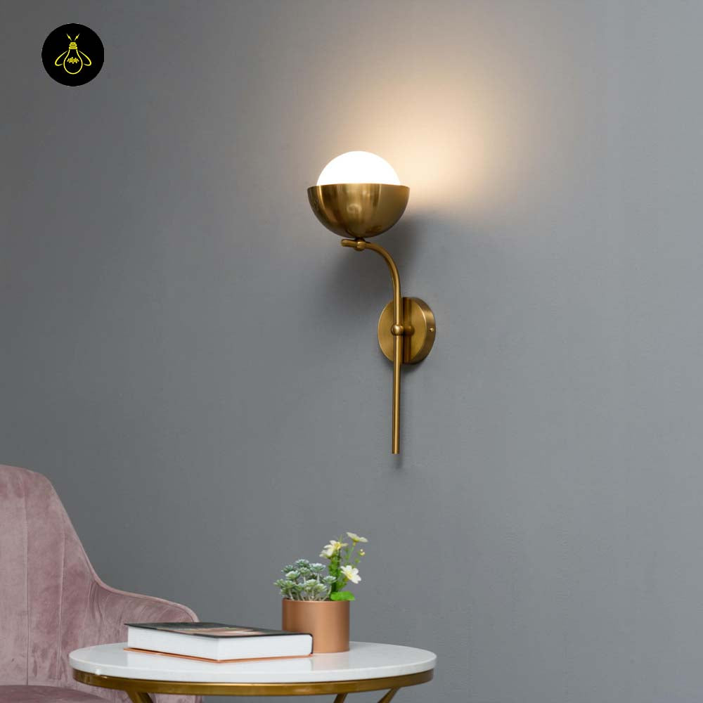 Brass opal wall lamp with spherical white globe, G9