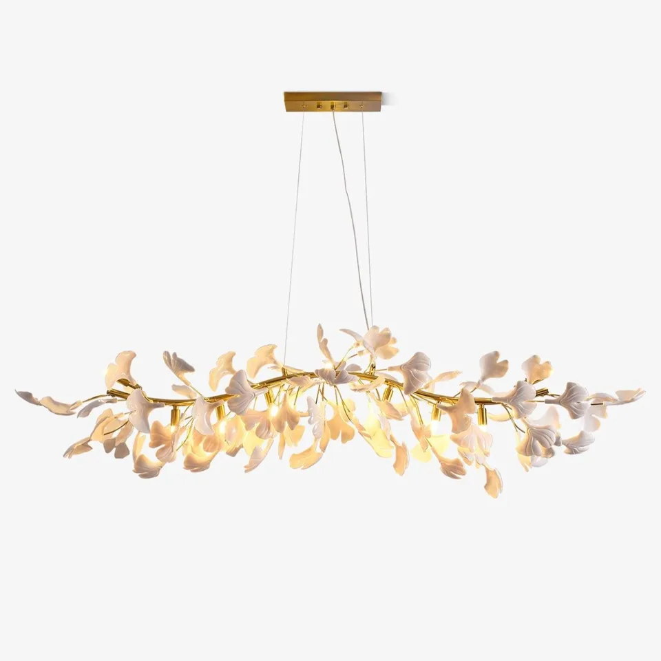 Ceramic petal chandelier with white porcelain gingko leaves and gold branches for dining rooms