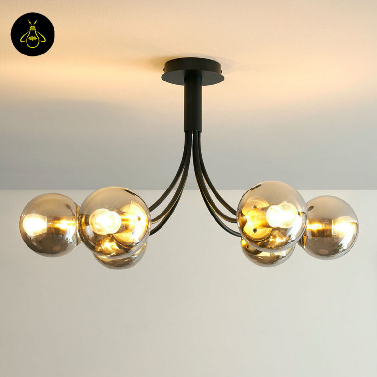 Side view of black glass chandelier showing branching sputnik arms and smoke globes