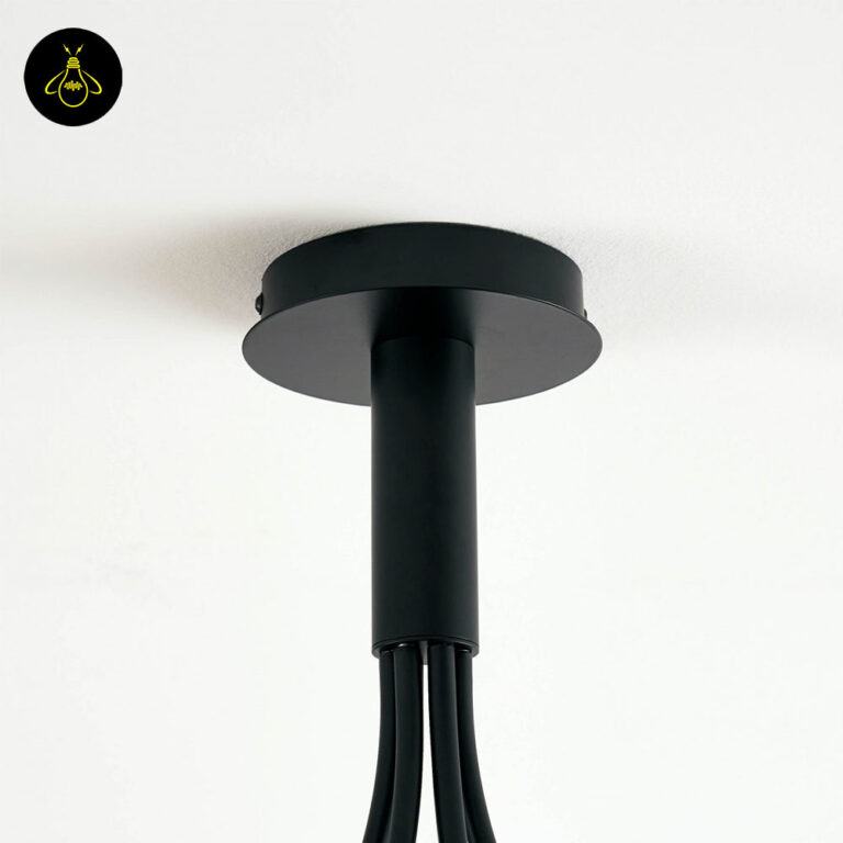 Close-up of smoke-grey glass ball shade on a black chandelier