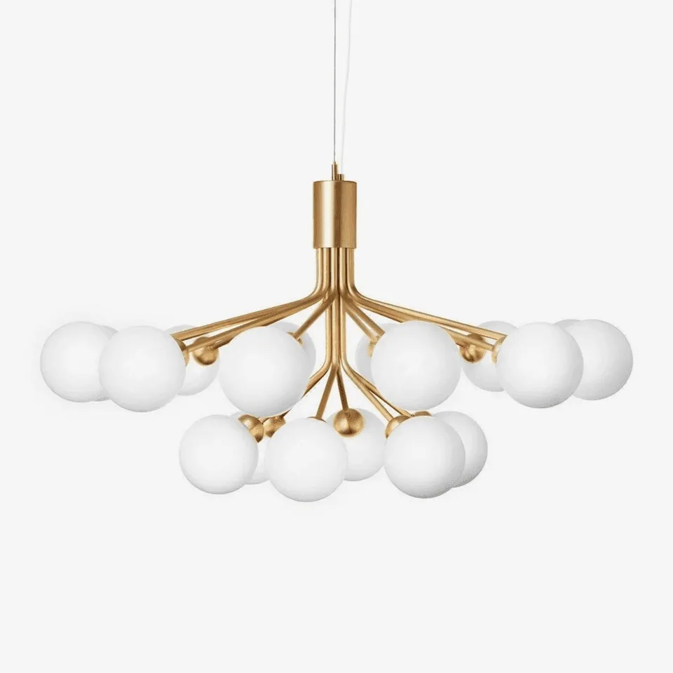 Glass globe chandelier with 18 opal borosilicate glass globes on brushed brass-finish stainless steel arms