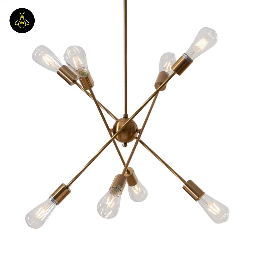 Linear Brass Chandelier – 8-Light Clear Glass, 60 cm 3 8-light brass chandelier with clear glass shades, lit view