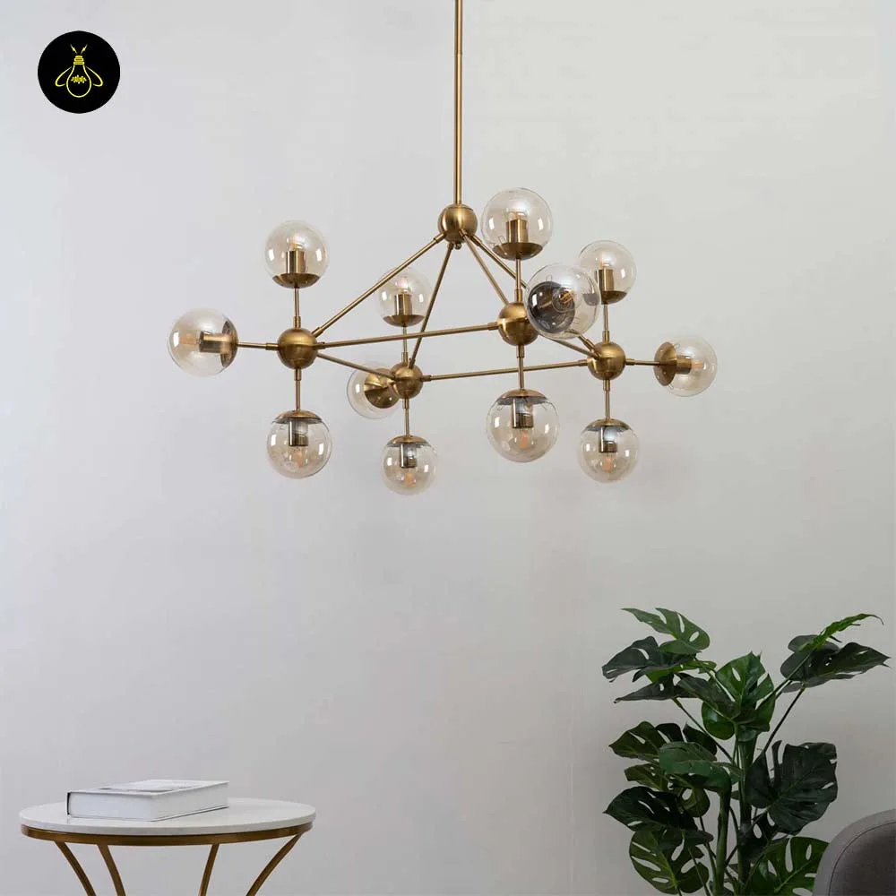 Glass Sphere Chandelier – 12-Globe Vintage Brass, 105 cm | Jagmag Lights 5 Twelve clear glass spheres of the vintage golden pendant