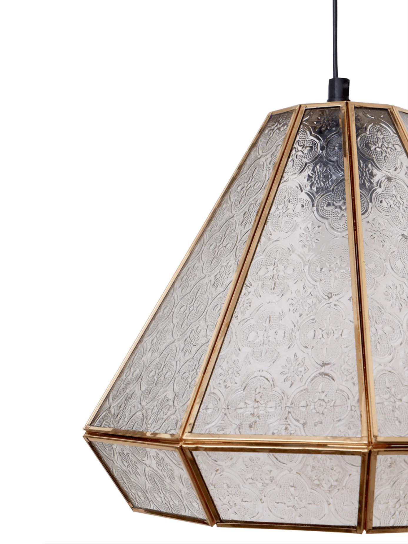 Moroccan Pendant Light – Handcrafted Textured Glass Lantern, 30 cm 3 Close-up of textured arabesque glass panels and gold caming on a Moroccan pendant light