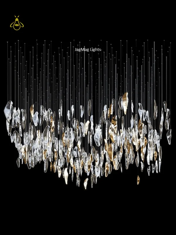 Glass jhumar glass cascade chandelier with concealed warm LED light for a tall hallway