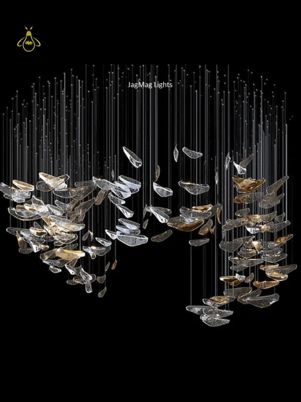 Glass jhumar cluster chandelier with clear crackle and gold-lustre borosilicate glass leaves for a double-height foyer