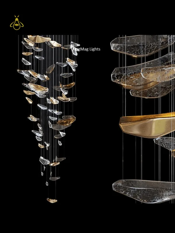 Glass jhumar pendant detail of a single curved gold-lined glass leaf on a thin rod