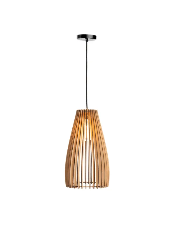 Wooden hanging light glowing warm white through birch plywood ribs, on a black cord and round matte black canopy