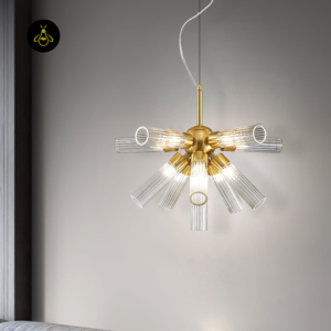 Gold and clear fluted glass ceiling chandelier for living and dining rooms