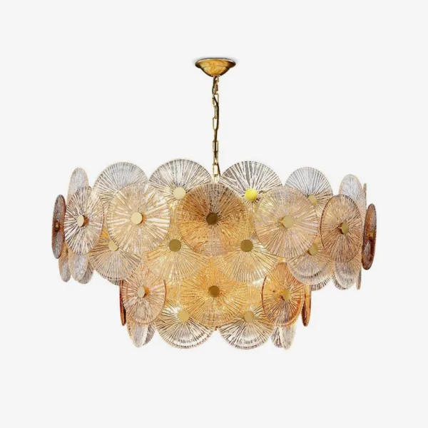 Gold fluted glass chandelier with clear and amber discs for the living room