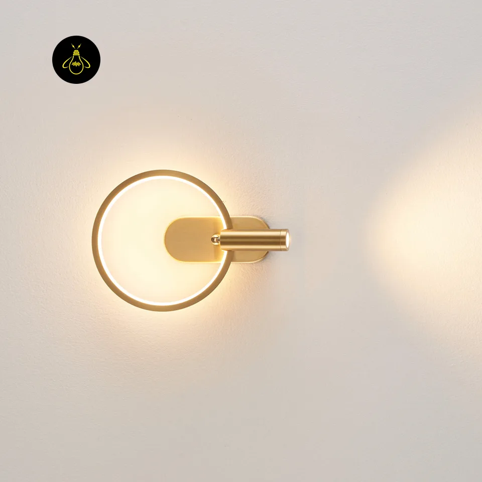 Circle Wall Light – LED Ring with Reading Light, Gold & Black 2-Switch | Jagmag Lights 15 Gold-finish LED circle wall sconce with adjustable reading light