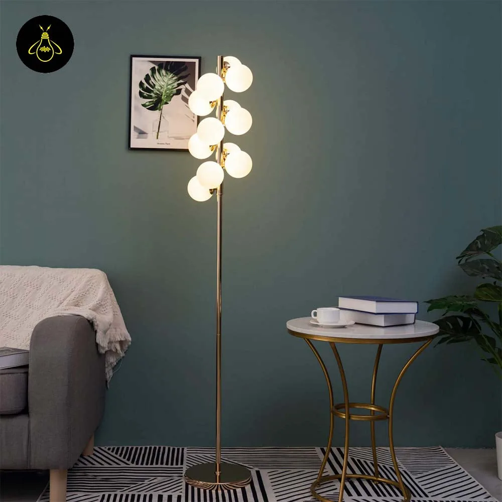 White Globe Floor Lamp – 12 Gold-Framed Opal Spheres | Ambrosia 5 Detail of white opal-glass spheres and gold connectors on the Ambrosia floor lamp