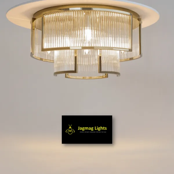 Gold-frame fluted glass chandelier showing its tiered ribbed-glass design