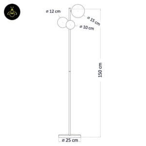 Dimension drawing of the glass globe floor lamp: 150 cm height, 25 cm base, globes 15, 12 and 10 cm