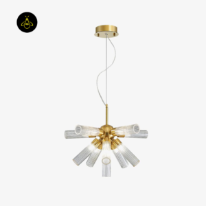 Gold sputnik fluted glass chandelier design with radiating ribbed glass tubes