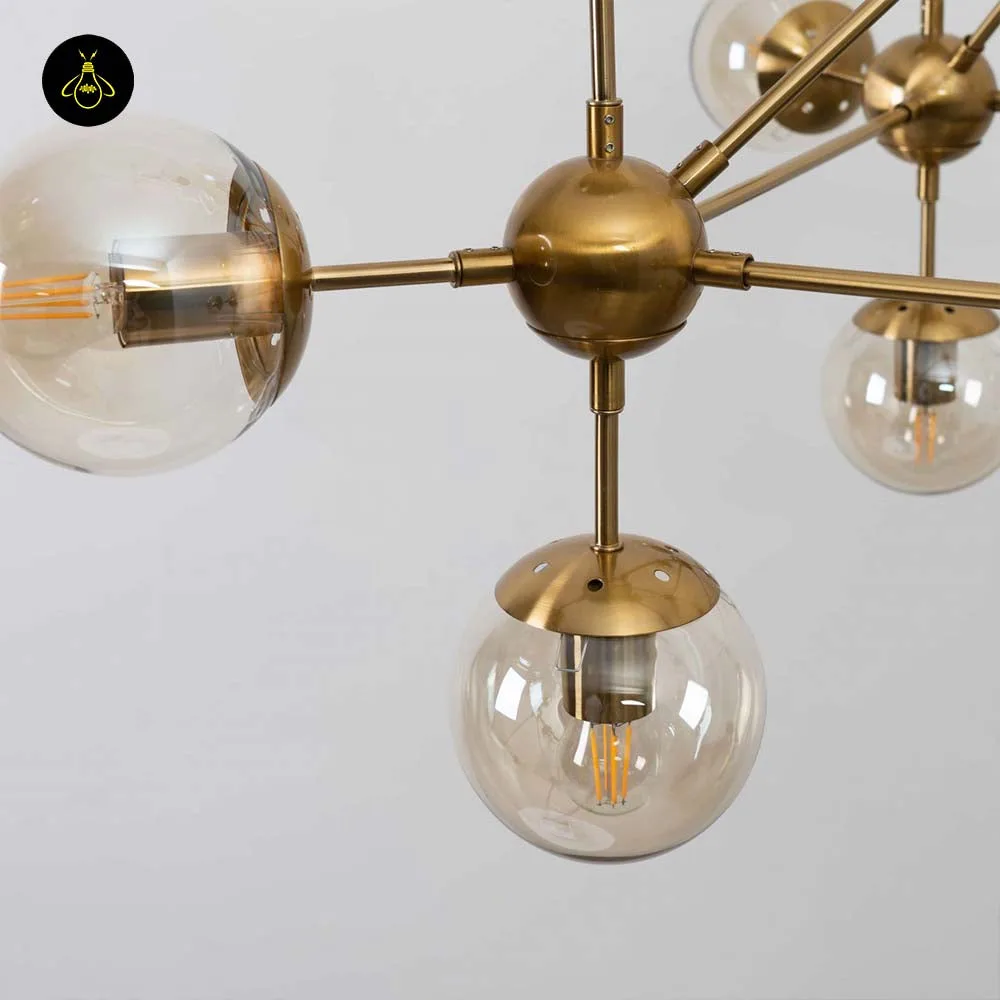 Glass Sphere Chandelier – 12-Globe Vintage Brass, 105 cm | Jagmag Lights 6 Large golden brass glass sphere pendant light