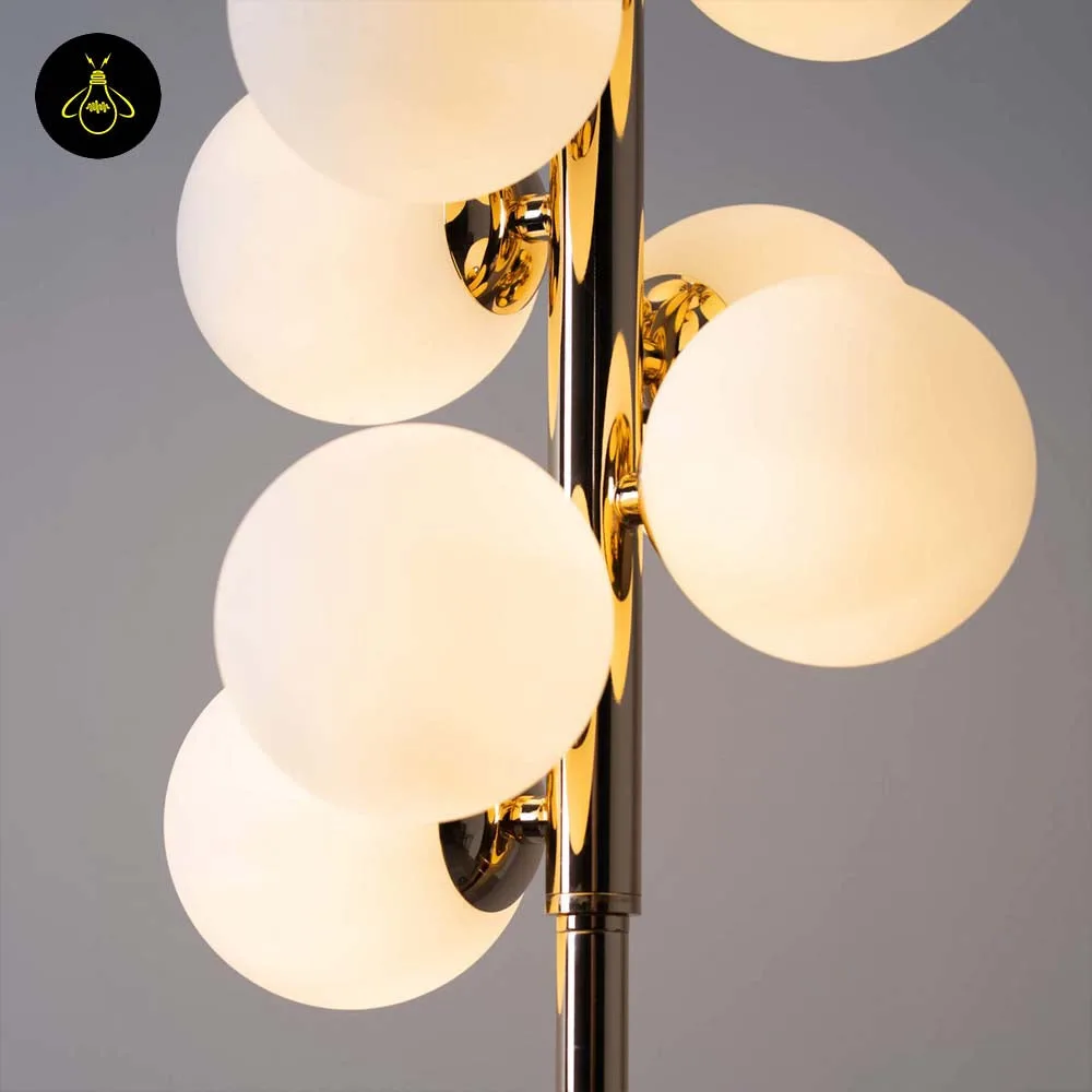 White Globe Floor Lamp – 12 Gold-Framed Opal Spheres | Ambrosia 3 White globe floor lamp front view with 12 white opal-glass spheres on a gold stem
