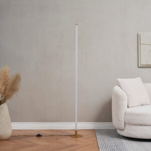 Gold LED floor lamp with integrated dimmer beside a sofa in a modern room