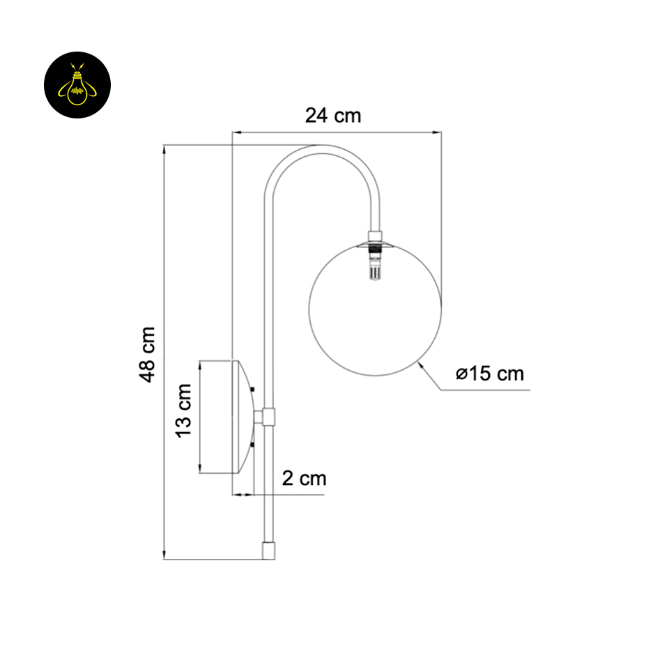 Gold Wall Light for Living Room – Oriol 48 cm Globe Sconce 7 Gold wall light dimension sheet showing 48 cm height, 24 cm width and a 15 cm globe