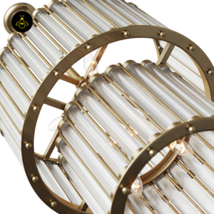 Handcrafted clear fluted glass rod detail on the antique brass chandelier