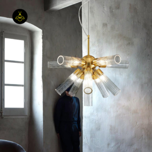 Handcrafted gold fluted glass chandelier with clear ribbed glass tubes