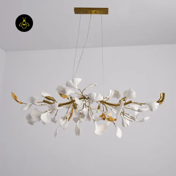 Handcrafted porcelain gingko leaf chandelier with gold-tipped branches