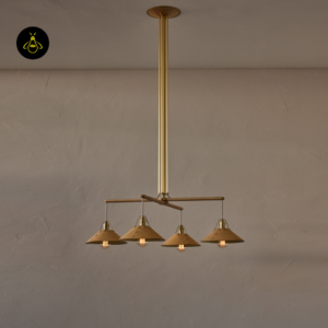 Handcrafted oak and brass chandelier with leather cone shades