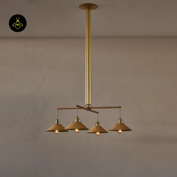 Handcrafted oak and brass chandelier with leather cone shades