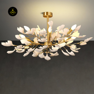 Ceramic ginkgo leaf chandelier mounted semi-flush to the ceiling in a bedroom