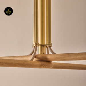 Handmade wood and brass chandelier with warm Edison bulbs