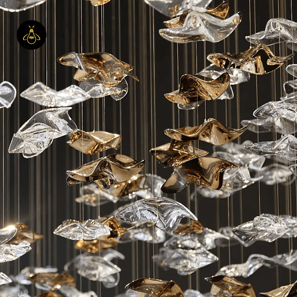 Wave Chandelier with 69 Cascading Glass Leaves – Ø75 cm Integrated LED, for Living & Dining Rooms 3 Close-up of cascading wave glass leaves on a modern glass leaf chandelier