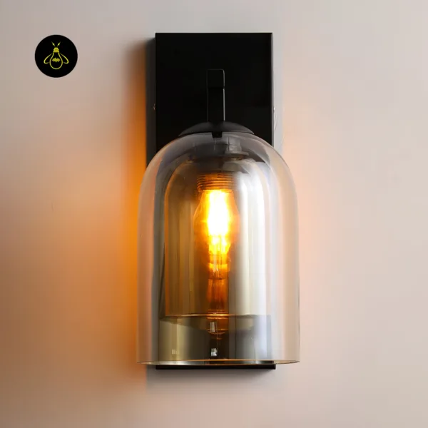 Front view of fancy lights for wall: smoked borosilicate glass outer cloche over an inner cup, warm bulb glowing, black stainless steel backplate