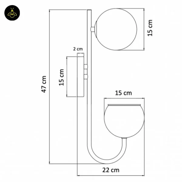Plant pot wall light dimension drawing: 47 cm high, 22 cm wide, 15 cm globe, 15 cm planter cup, 15 cm backplate