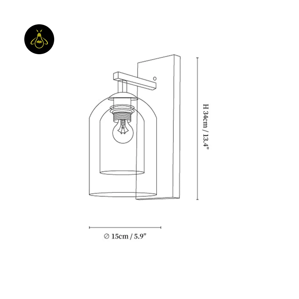 Fancy Lights for Wall – Smoke Grey Double-Glass Tubular Sconce 6 Dimension drawing of the glass tubular wall light showing 34 cm height and 15 cm shade diameter