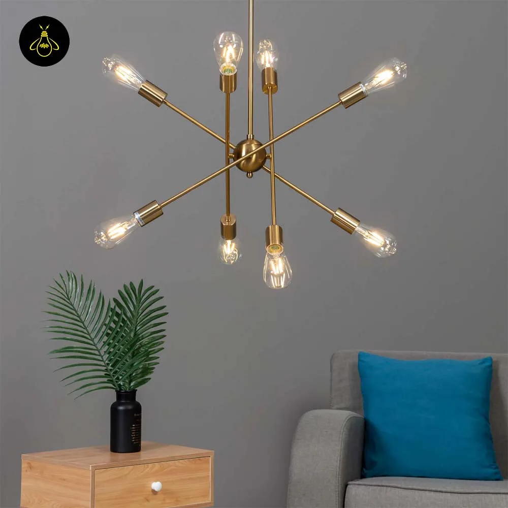 Linear Brass Chandelier – 8-Light Clear Glass, 60 cm 5 Industrial brass and glass linear chandelier, side view