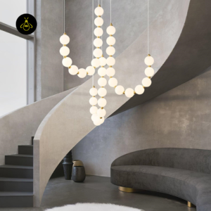 Integrated LED pearl chandelier with glowing white opal glass orbs
